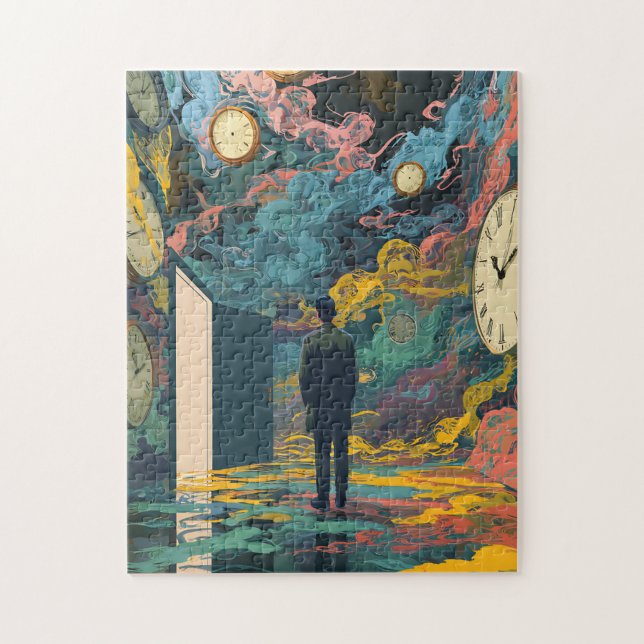 Puzzle Surreal Figure Room Swirling Clocks Smoke Wall Art (Vertical)