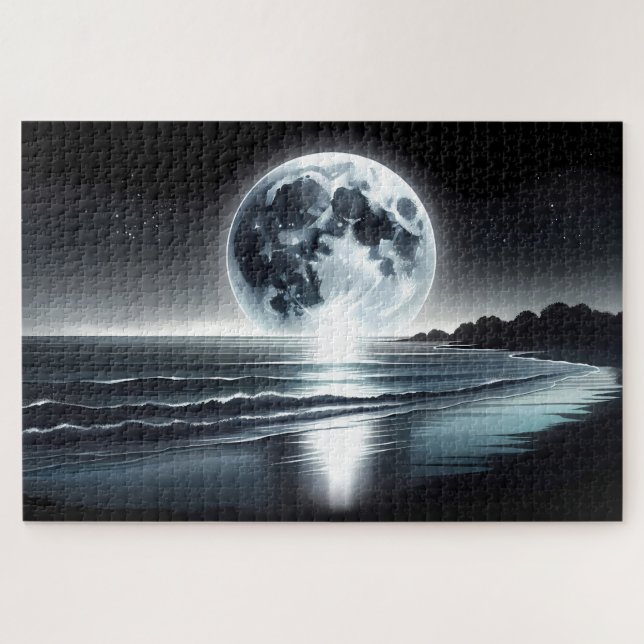 Puzzle Surrealista Moonrise Over Tranquilo Ocean Shore (Horizontal)