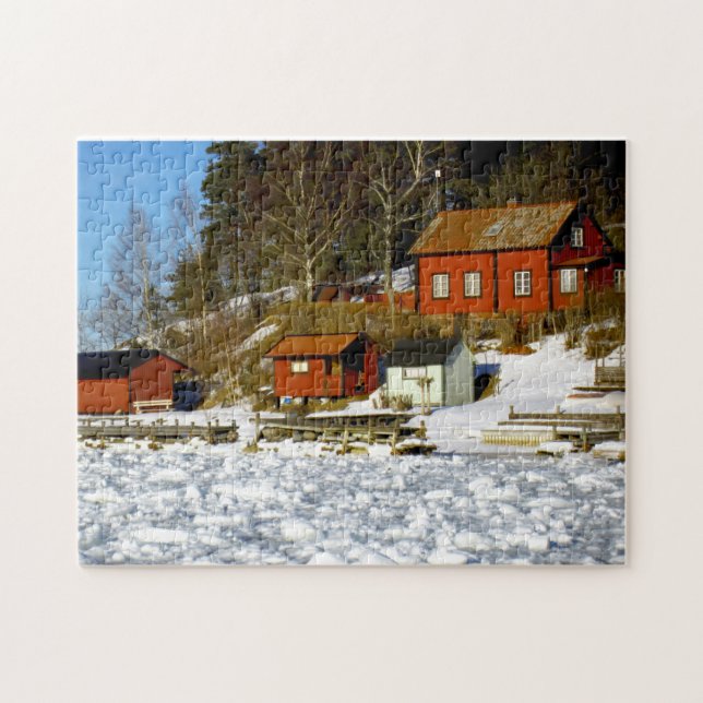 Puzzle Swedish landscape in winter with snow - frozen sea (Horizontal)