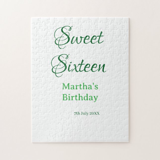 Puzzle Sweet Sixteen green name date calligraphy boho ret (Vertical)