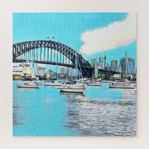 Puzzle Sydney Harbour Bridge cielo azul con yates