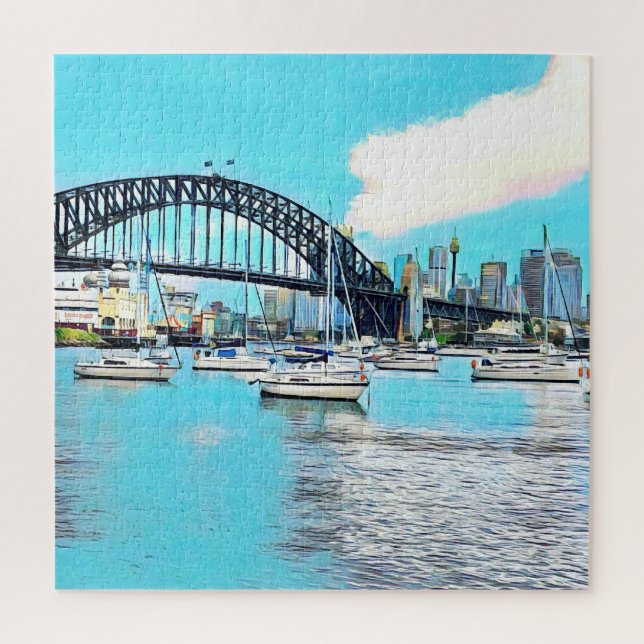 Puzzle Sydney Harbour Bridge cielo azul con yates (Vertical)