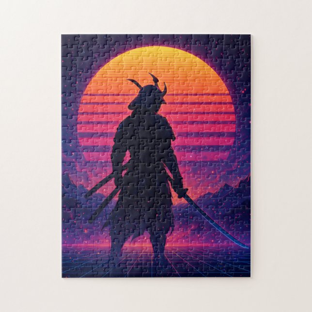 Puzzle Synthwave Samurai – Retro Futuristic Neon Art (Vertical)