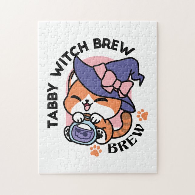 Puzzle Tabby Witch Brew – Cute Halloween Cat Design (Vertical)
