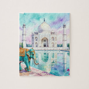 Puzzle Taj Mahal y acuarela de elefante