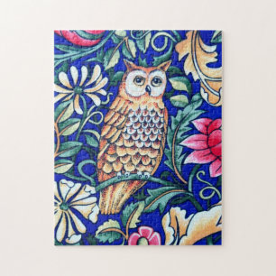 Puzzle Tapiz de búho William Morris, beige y azul cobalt