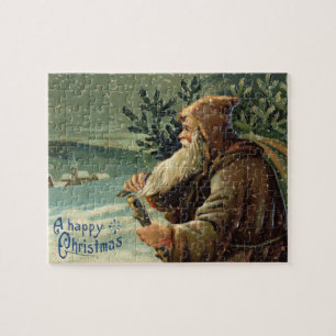 Puzzle Tarjeta de Navidad antigua, Santa Claus y árbol