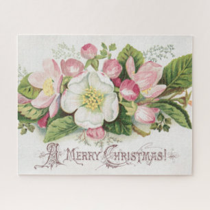 Puzzle Tarjeta de Navidad Vintage Retro, Flores de Manzan