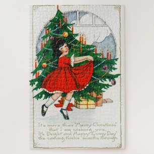 Puzzle Tarjeta postal retro de Navidad, niño y árbol de N