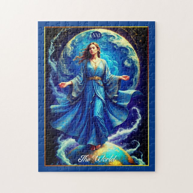 Puzzle Tarjeta Tarot, el mundo, en azul profundo (Vertical)