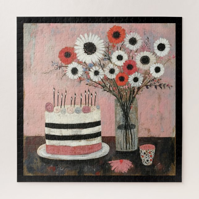 Puzzle Tarta de cumpleaños chic y flores de gerbera (Vertical)