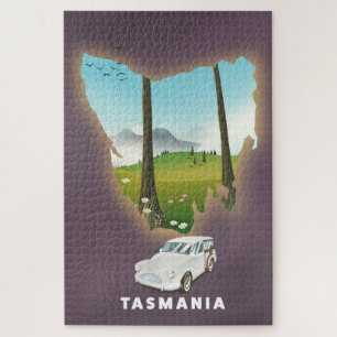 Puzzle Tasmania ilustró un afiche de viajes en mapas.