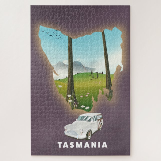 Puzzle Tasmania ilustró un afiche de viajes en mapas. (Vertical)