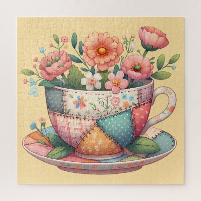 Puzzle Taza de té de patchwork con flores caprichosas (Vertical)