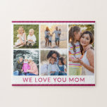 Puzzle Te queremos mamá 5 Collage de fotos Purpurina Rosa<br><div class="desc">Te queremos mamá 5 Collage de fotos Purpurina rosado moderno Jigsaw Puzzle presenta cinco de tus fotos favoritas para un DIY fácil y rápido agregar tu propio collage de fotos. Personaliza con tu texto personalizado como "Te amamos mamá" en la tipografía de escritura moderna y rodeado de purpurina rosa bonito....</div>