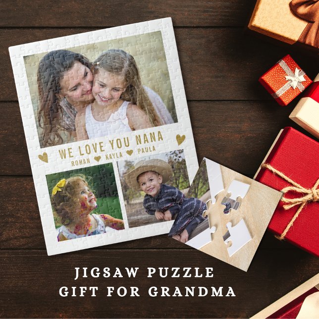 Puzzle Te queremos Nana 3 Collage de fotos Blanco (Grandma gift idea- Personalized 3 photo collage jigsaw puzzle)