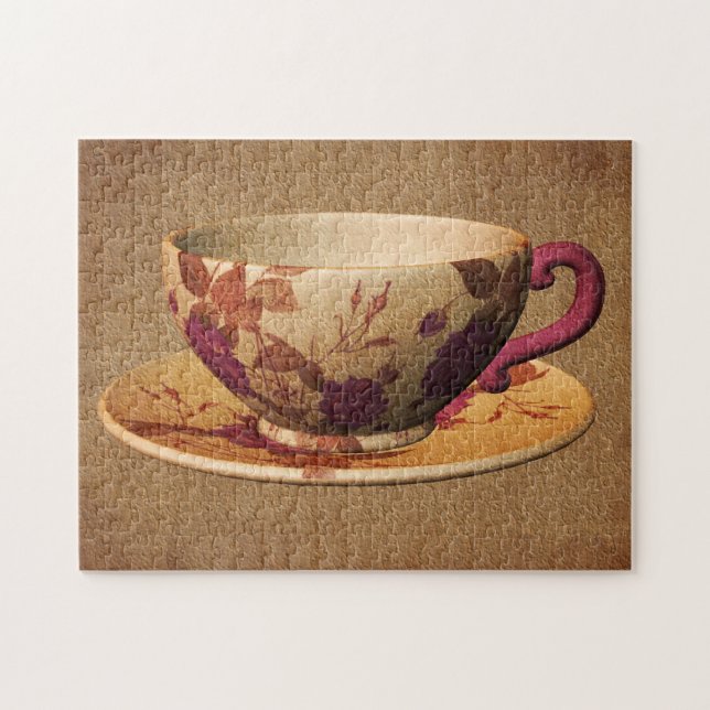 Puzzle Teacup floral sobre arte de papel de edad avanzada (Horizontal)
