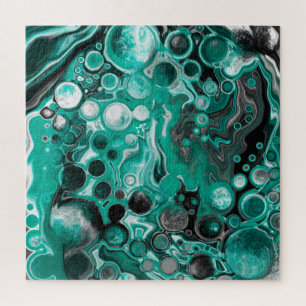 Puzzle Teal and Black Bubbles Digital Fluid Art Cells  