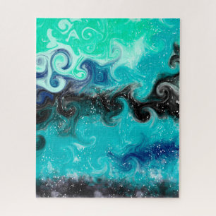 Puzzle Teal, Blue and Black Fluid Art Marble Swirls