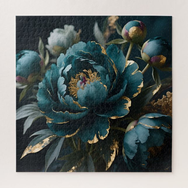 Puzzle Teal Peony Gold Luxe Botanical Bloom (Vertical)
