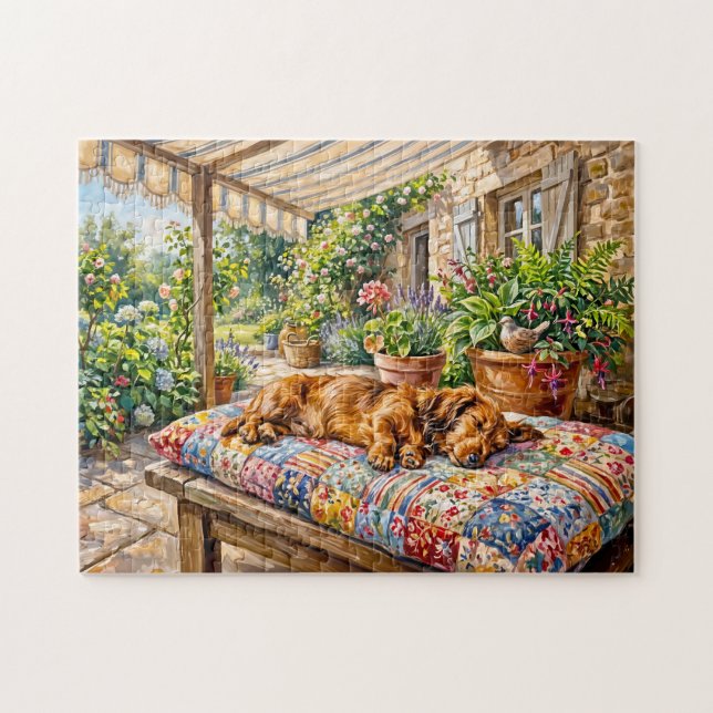 Puzzle Teckel descansando en un banco de jardín de patchw (Horizontal)