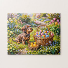 Puzzle Teckel sentado con cesta de Pascua en el jardín