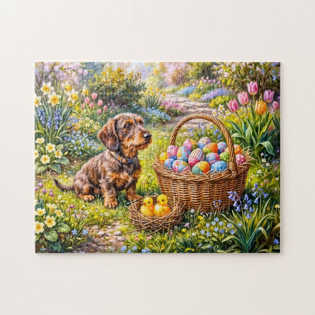 Puzzle Teckel sentado con cesta de Pascua en el jardín (Horizontal)
