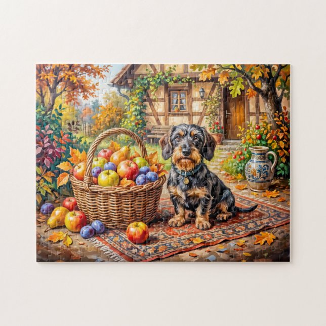 Puzzle Teckel Sentado Junto a Cesta de Frutas Otoño Granj (Horizontal)