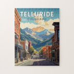 Puzzle Telluride Colorado Travel Art Vintage<br><div class="desc">Diseño de viaje vector tellurida retro en estilo emblema. Telluride,  un antiguo pueblo minero victoriano de las Montañas Rocosas de Colorado,  se encuentra en un cañón de caja entre picos boscosos en la base de un popular complejo de esquí y golf.</div>
