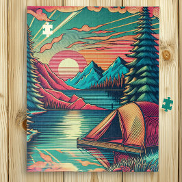 Puzzle Tema del camping Verde azulado y rosa de la época