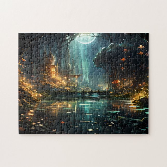 Puzzle Templo forestal oculto a la luz de la luna (Horizontal)