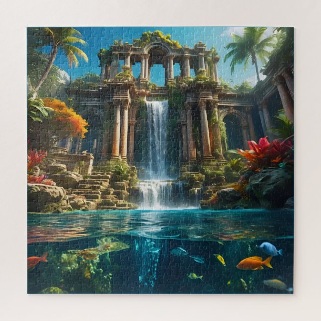 Puzzle Templo Tropical Waterfall Lake of Fish (Vertical)