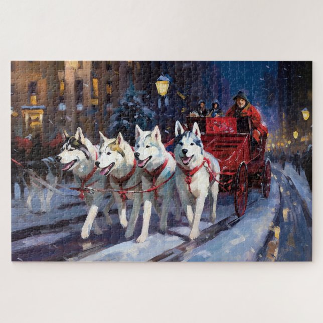 Puzzle Temporada festiva de los Navidades Husky siberiano (Horizontal)