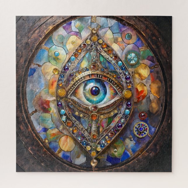 Puzzle Tercer Ojo en Vidrio Pintado y Bronce (Vertical)