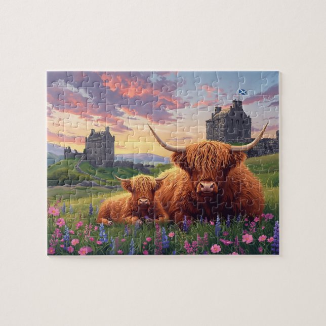 Puzzle Ternera de vaca Highland Castillo Escocés Atardece (Horizontal)