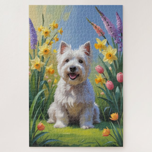 Puzzle Terrier Blanco de West Highland Flores de Primaver (Vertical)