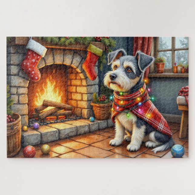 Puzzle Terrier Checo Chimenea con Luces de Navidad (Horizontal)