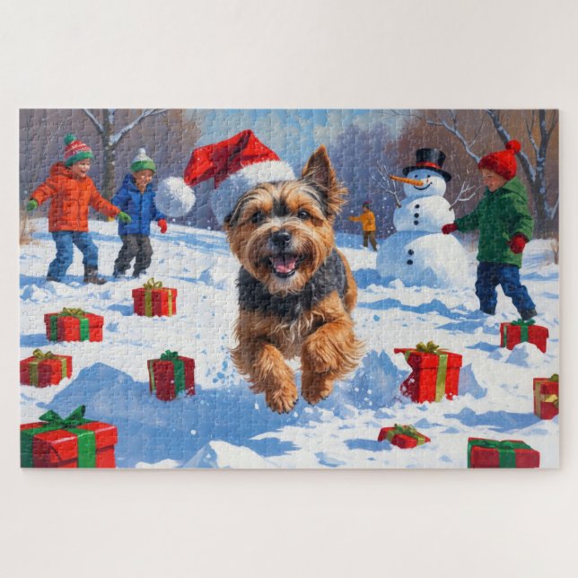 Puzzle Terrier tibetano corre en nieve con Gorra de Navid (Horizontal)