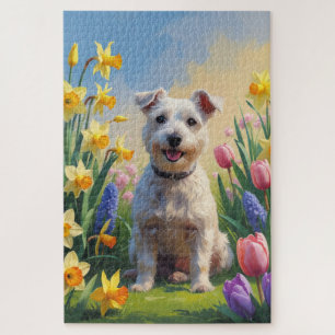 Puzzle Terrier Wirefox Perro Pintura Flores de Primavera