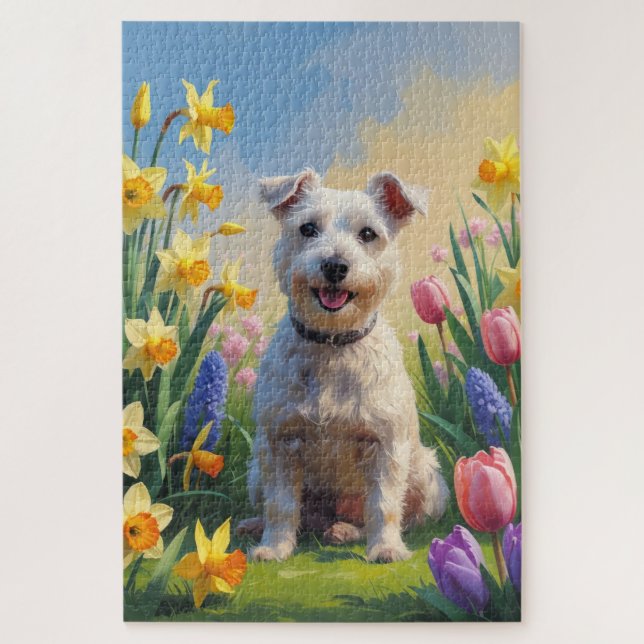 Puzzle Terrier Wirefox Perro Pintura Flores de Primavera (Vertical)