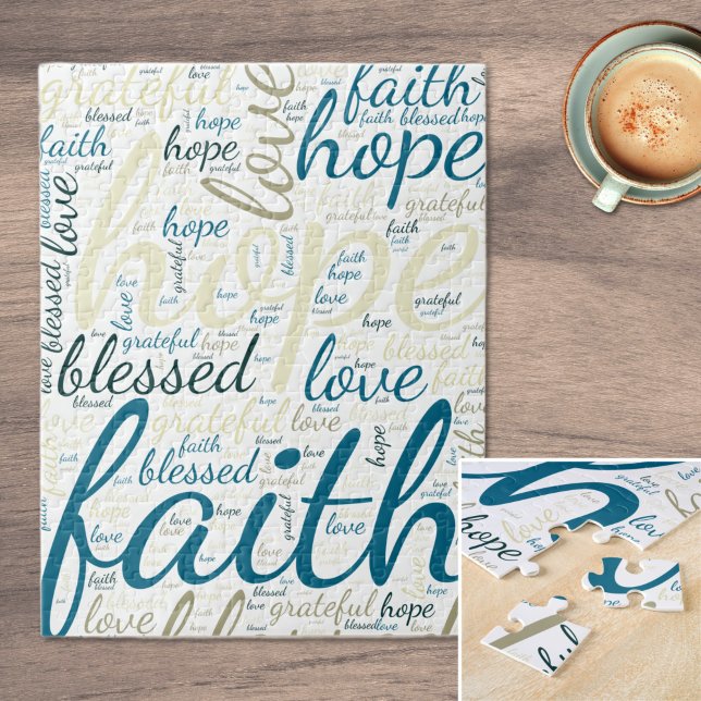 Puzzle Texto inspirador de esperanza y fe en blues, graci (Inspirational Hope and Faith Text Blue and Tan Jigsaw Puzzle)