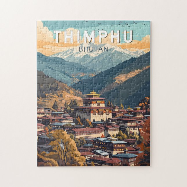 Puzzle Thimphu Bhutan Ilustracion Viaje arte Vintage (Vertical)