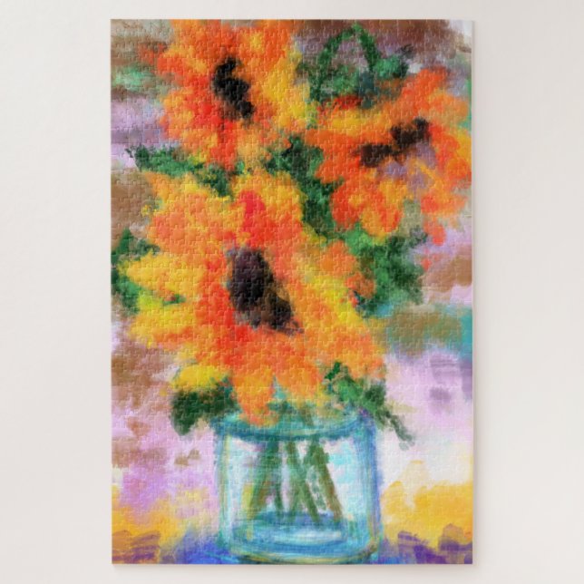 Puzzle Three Sunflowers - Abstract Original Art Painting (Vertical)