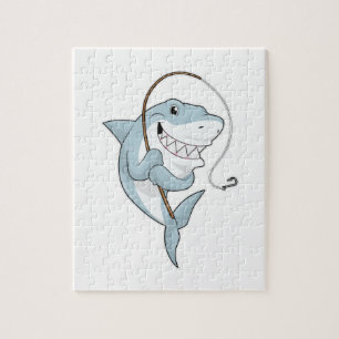 Puzzle Tiburón como pescador con barra de pesca