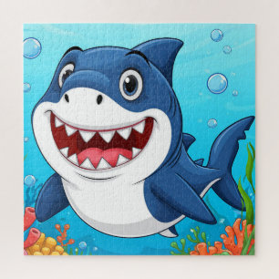 Puzzle Tiburón de Dibujos Animados Sonriente Nadando Bajo
