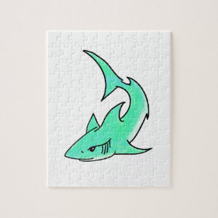 Puzzle tiburón sonriente de dibujos animados azul verde m