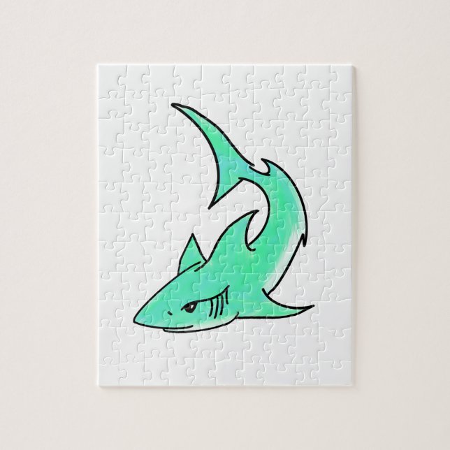 Puzzle tiburón sonriente de dibujos animados azul verde m (Vertical)