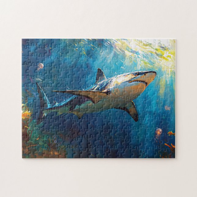 Puzzle Tiburón submarino con medusas (Horizontal)