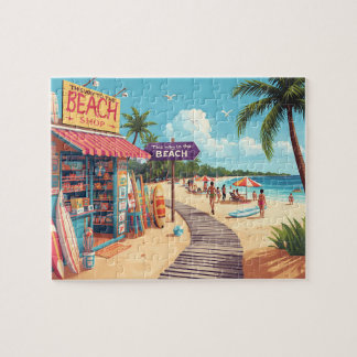 Puzzle Tienda de playa retro y escena de vacaciones en el