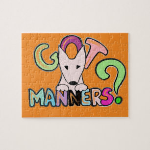 Puzzle ¿TIENEN MANNERS? Arte mascota del Bull Terrier ing